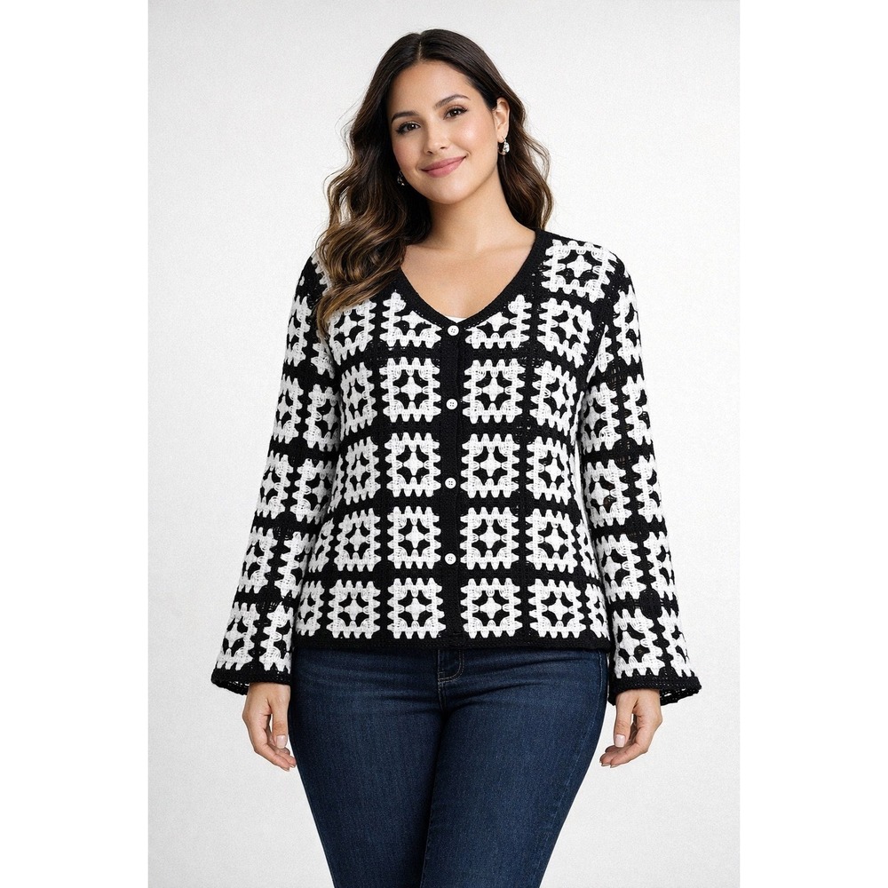 Liv Los Angeles Cardigan sz‎ 1X Crochet Granny Square Bell Sleeve boho
